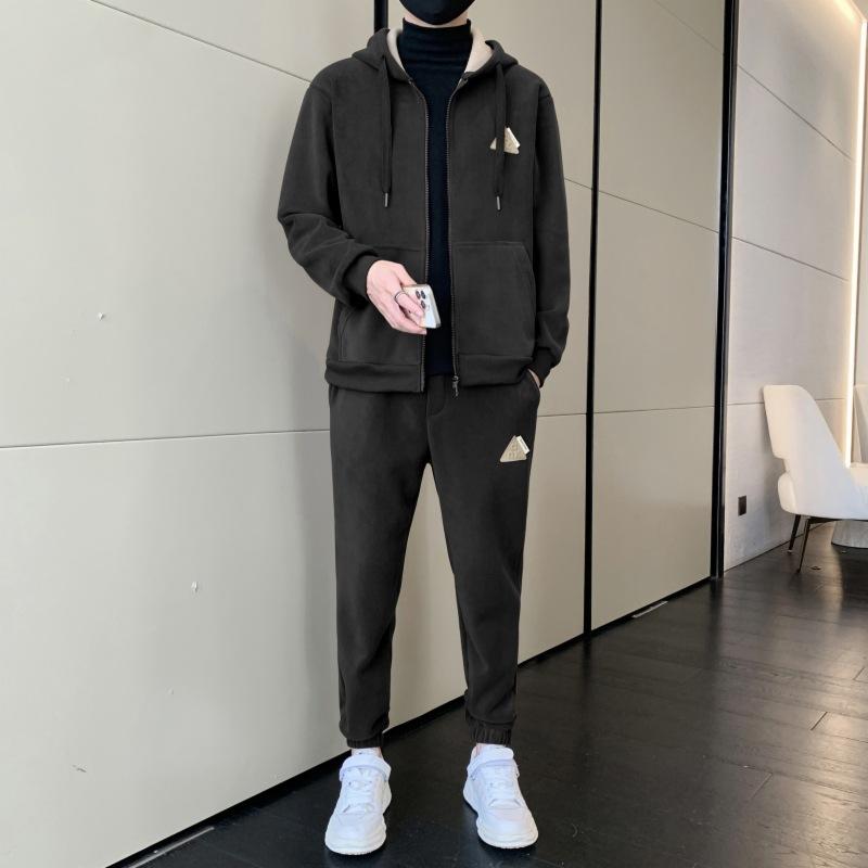 

Aoli Velvet Winter New Fleece Set Men s Lamb Wool Sweatshirt Casual Set Thickened Warm Two-Piece Set 4XL чёрный