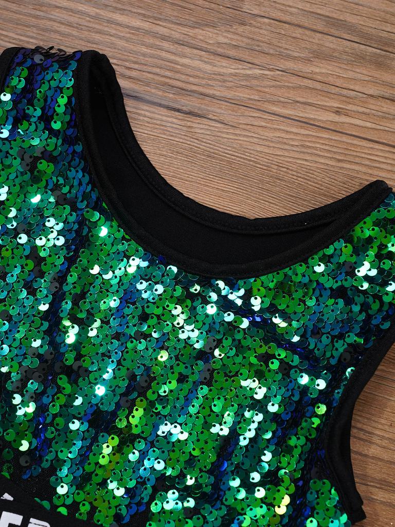 Kids Girls Sparkling Sequins Dance Clothes Set Sleeveless Criss Cross Straps Crop Top with Shorts