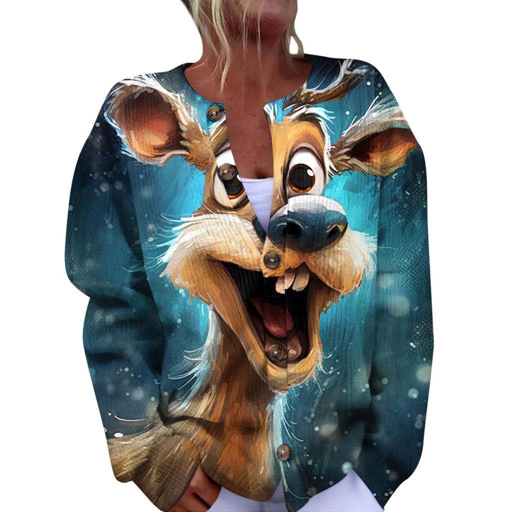 Women's Fashion Christmas Printed Long Sleeve Knitted Cardigan Button Down Jacket