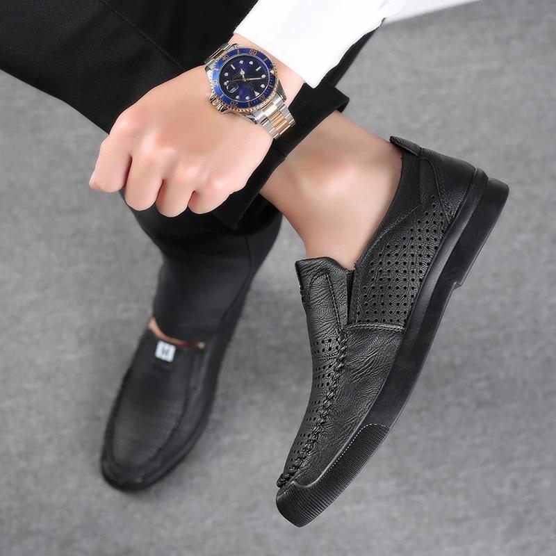 Summer Hollow Out Microfiber Leather Mens Casual Shoes Man's Flat Loafers Office Business Dress Male Work Walking Driving Shoes