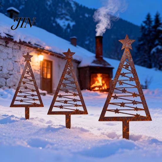 Decorative Ground Stake 3Pcs Rustic Metal Christmas Tree Stake, Weathered Iron Art Xmas Garden Design Sign for Yard Pathway Flower Bed Unique Shape