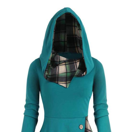 Irregular Pile Collar Hooded Button Decoration Waist Tight Autumn Dress Women Plaid Patchwork