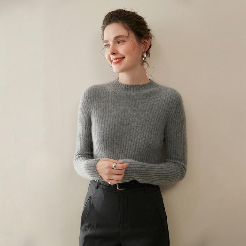 2025 Autumn/Winter Women's Slim-Fit Half-High Neck Solid Cashmere Ribbed Sweater