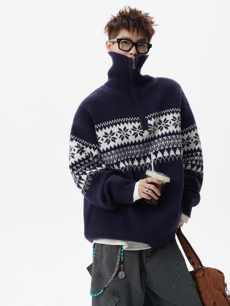 Pull Cardigan Homme Jacquard Fair Isle Fermeture Éclair Demi-Zip Col Montant Noël