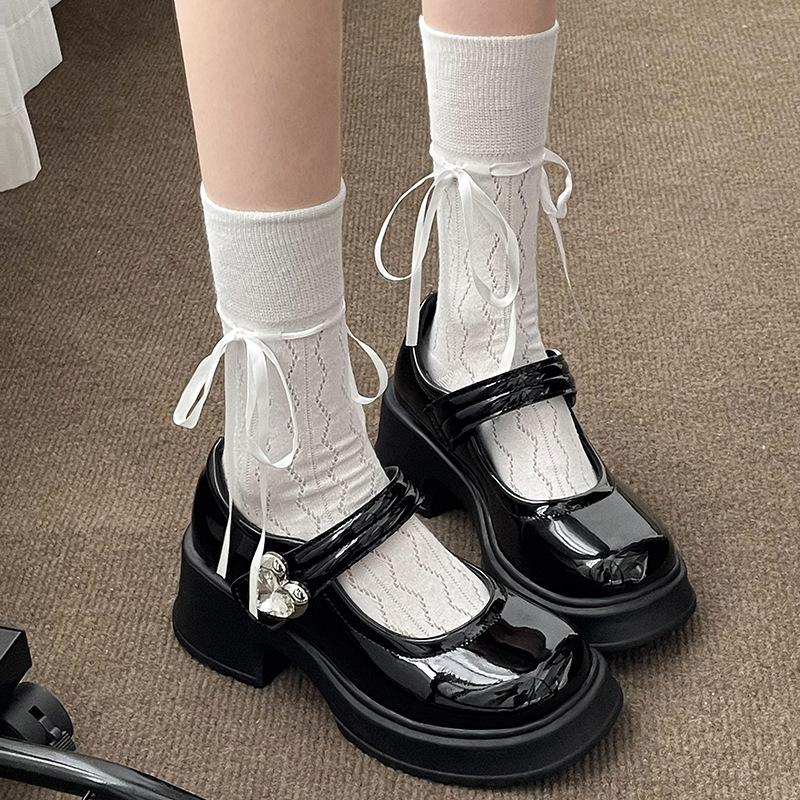 French thick heel round head thick sole Mary Jane small leather shoes summer black with skirt light mouth single shoes