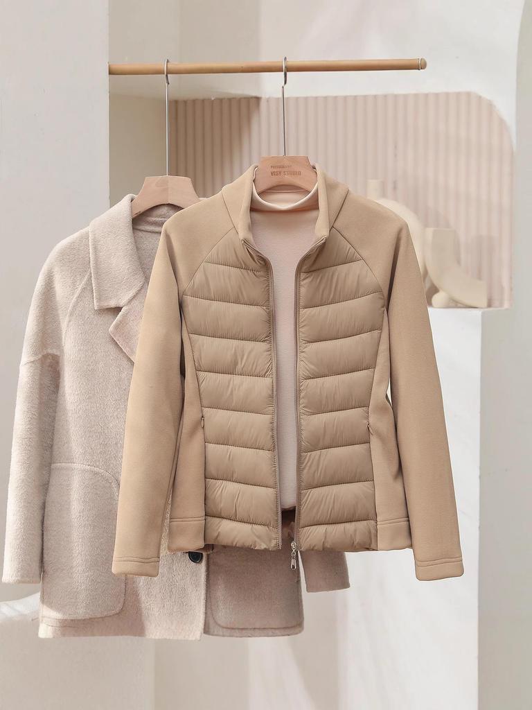 Women's Sporty Spliced Cotton Jacket - Warm Stand-Up Collar, Slim Rib, Lightweight Winter Outdoor Coat for Yoga
