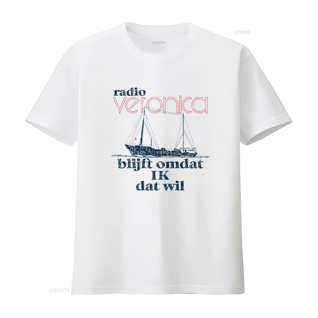 Maglietta Vintage da Uomo Radio Veronica 1960 Design Retrò Nave Testo Olandese Stile Classico Top Lavato Vintage Per l'Uso Quotidiano