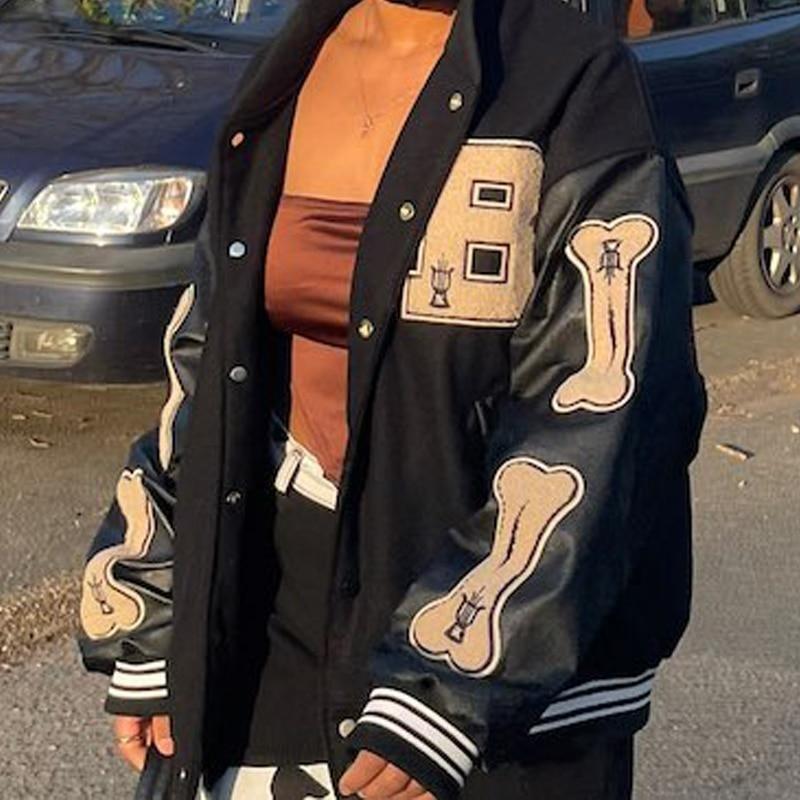 Giacca bomber da baseball donna Hip Hop Harajuku Bone Letter Patchwork giacche in pelle Streetwear uomo unisex