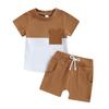 Baby Boys Summer Clothing Sets Short Sleeve Contrast Color Tops + Solid Color Drawstring Shorts 2pcs Outfit