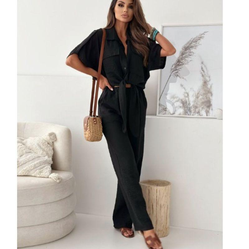 European and American Fashion Commuter Red Short Single-Breasted Short Sleeve Lace-up Shirts Top Wide-Leg Trousers for Two Years Set Women