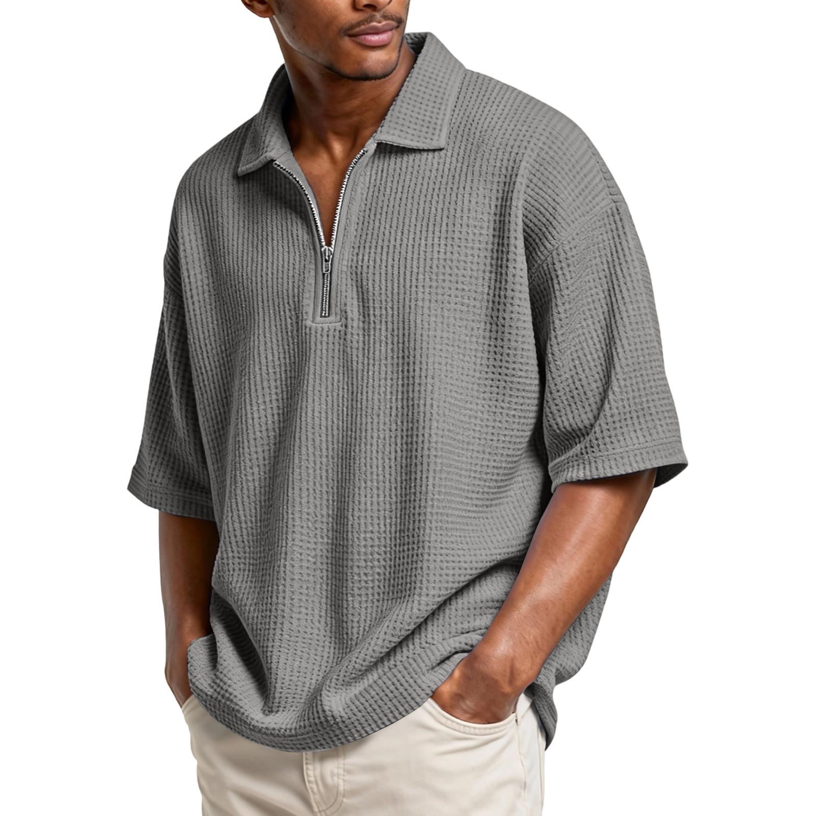 

Men s Basic Zipper Stand Collar Short-sleeved Shirt L