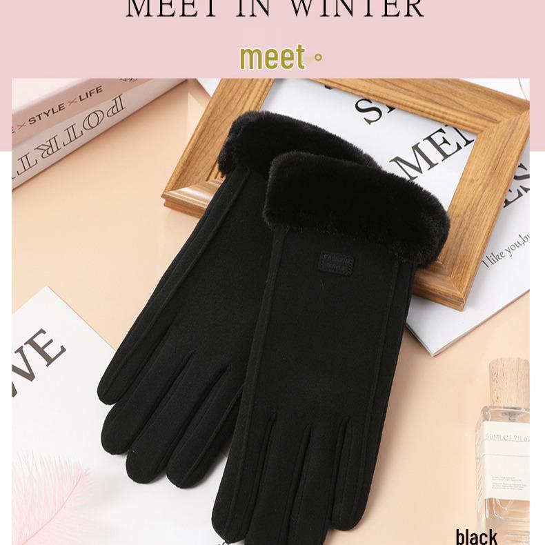 Women's Touchscreen Fleece Cycling Gloves - Cartoon Style, Thickened, Cold Weather Protection