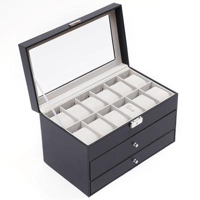 3 Layer Black Leather Watch and Eyeglasses&Sunglasses Box with Jewelry Display Drawer Metal Buckle Case Organizer Amazing Gift