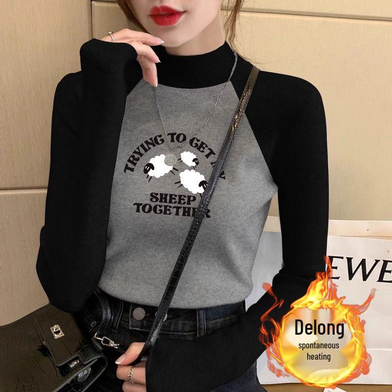 

Stand-up Collar Velvet Raglan Color Block Slimming Long Sleeve Women’s T-Shirt S (up to 90 lbs)