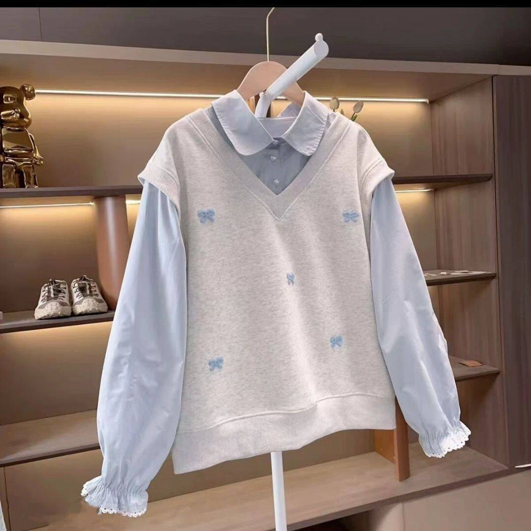 Girls Faux Two Piece Sweatshirt With Bow Tie Shirt Collar Long Sleeve Top Spring Autumn Thin Jacket For Students 120 серый