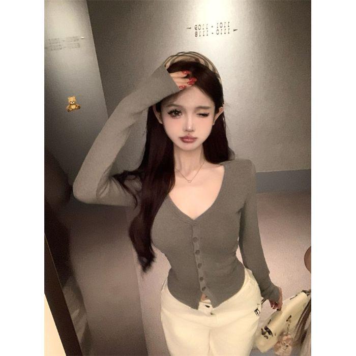 Women's Autumn Hot Girl Grey V-Neck Slim Fit Long-Sleeve Cardigan Top