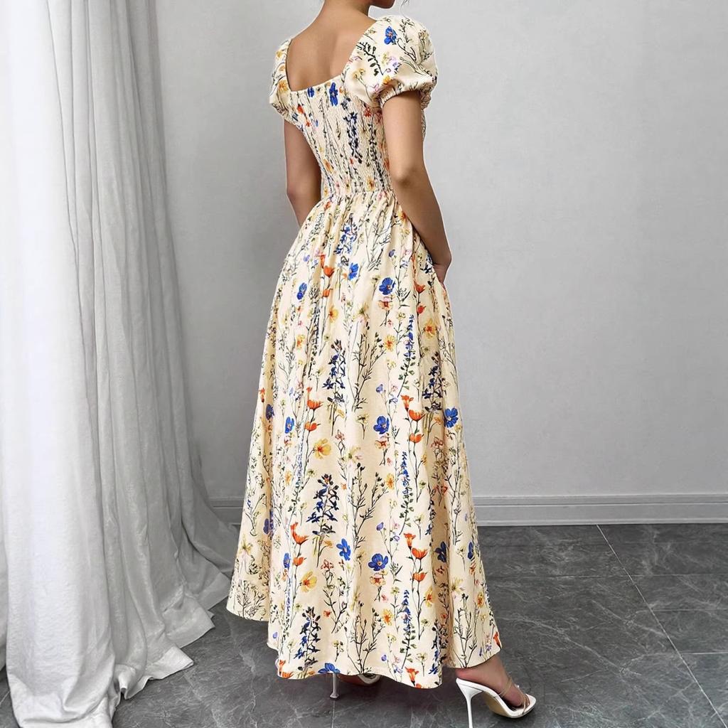 New French Puff Sleeve Printed Dress for Summer In Europe and America