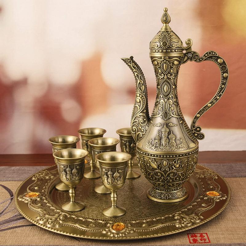 Exquisite Vintage Wine Glass, European Wine Set, Alloy Home Wine Pot Wine Glass Set, Creative Home Living Room Decoration,1Set