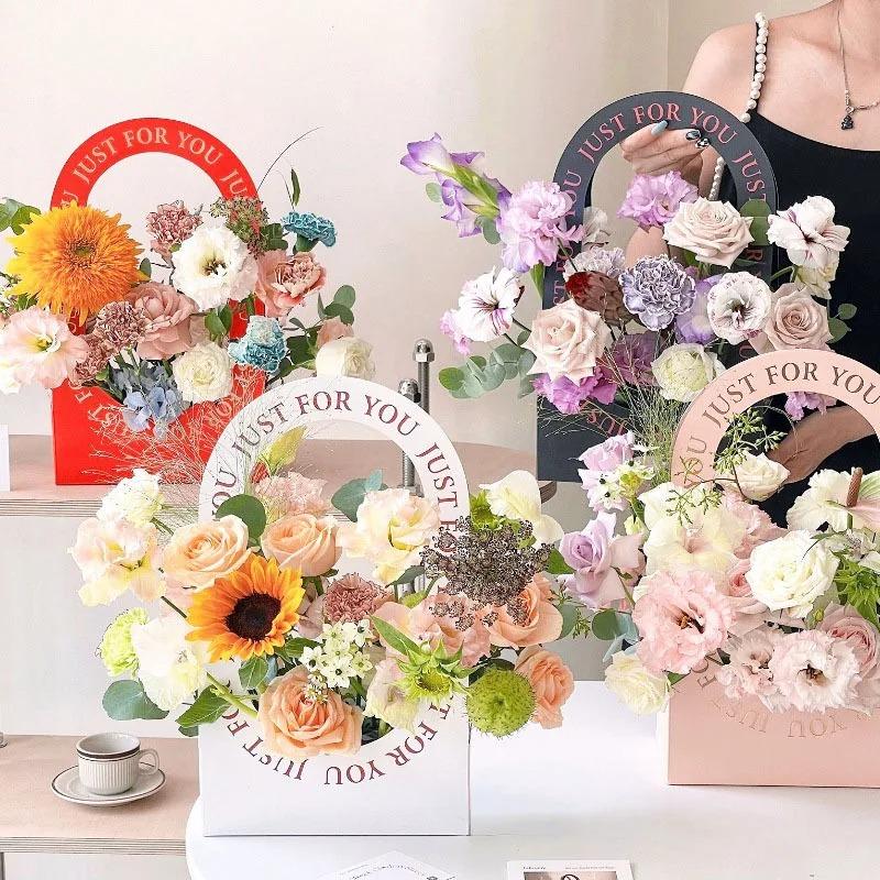 Simple Hollow Hand-Held Flower Basket Paper Flower Bouquet Floral Arrangement Carton Packaging Box Decoration Supplies