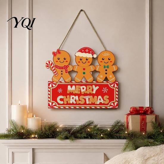 Christmas Gingerbread Man Sign Wooden Hanging for Front Door, Merry Decorative Wood Plaque with Lanyard, Holiday Wall Decoration Home Party