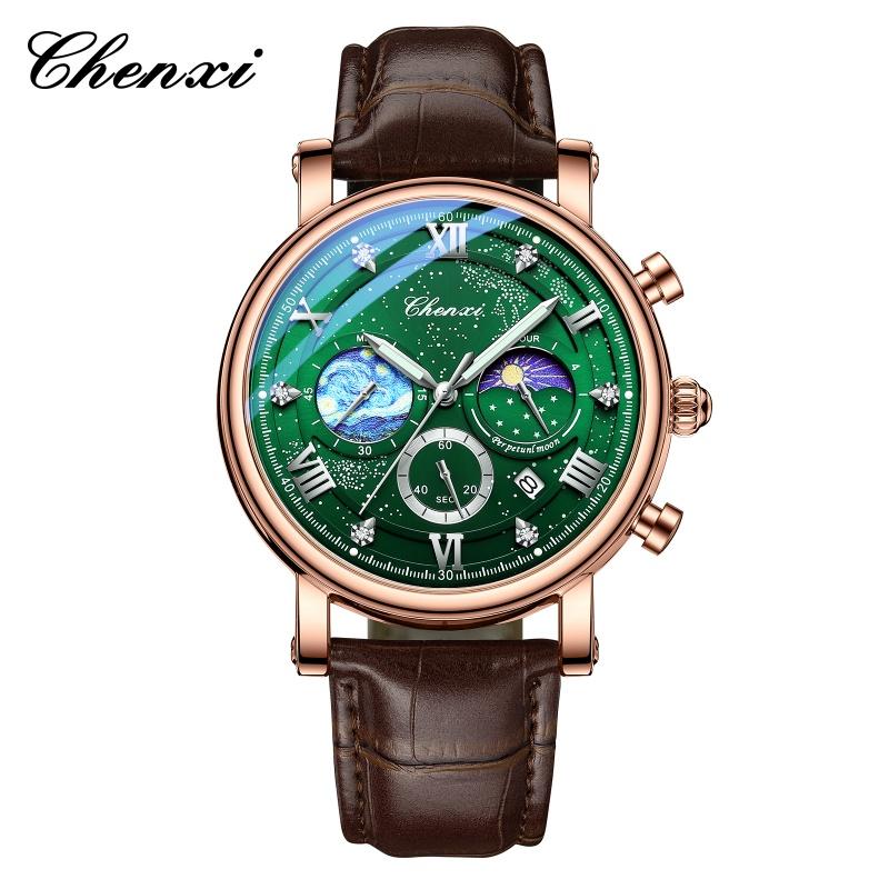 CHENXI 972 Men's Quartz Watch Luminous Moon Phase Chronograph Calendar Waterproof Leather Strap Luxury Business Watches