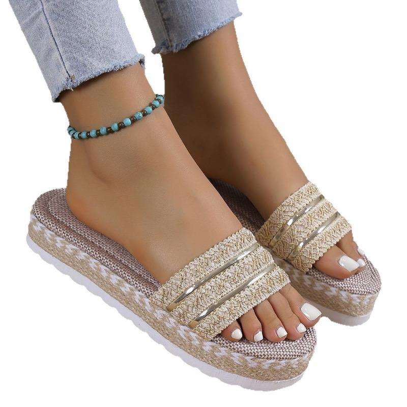 Large size woven thick-soled slippers women wear metal strip decorative slippers