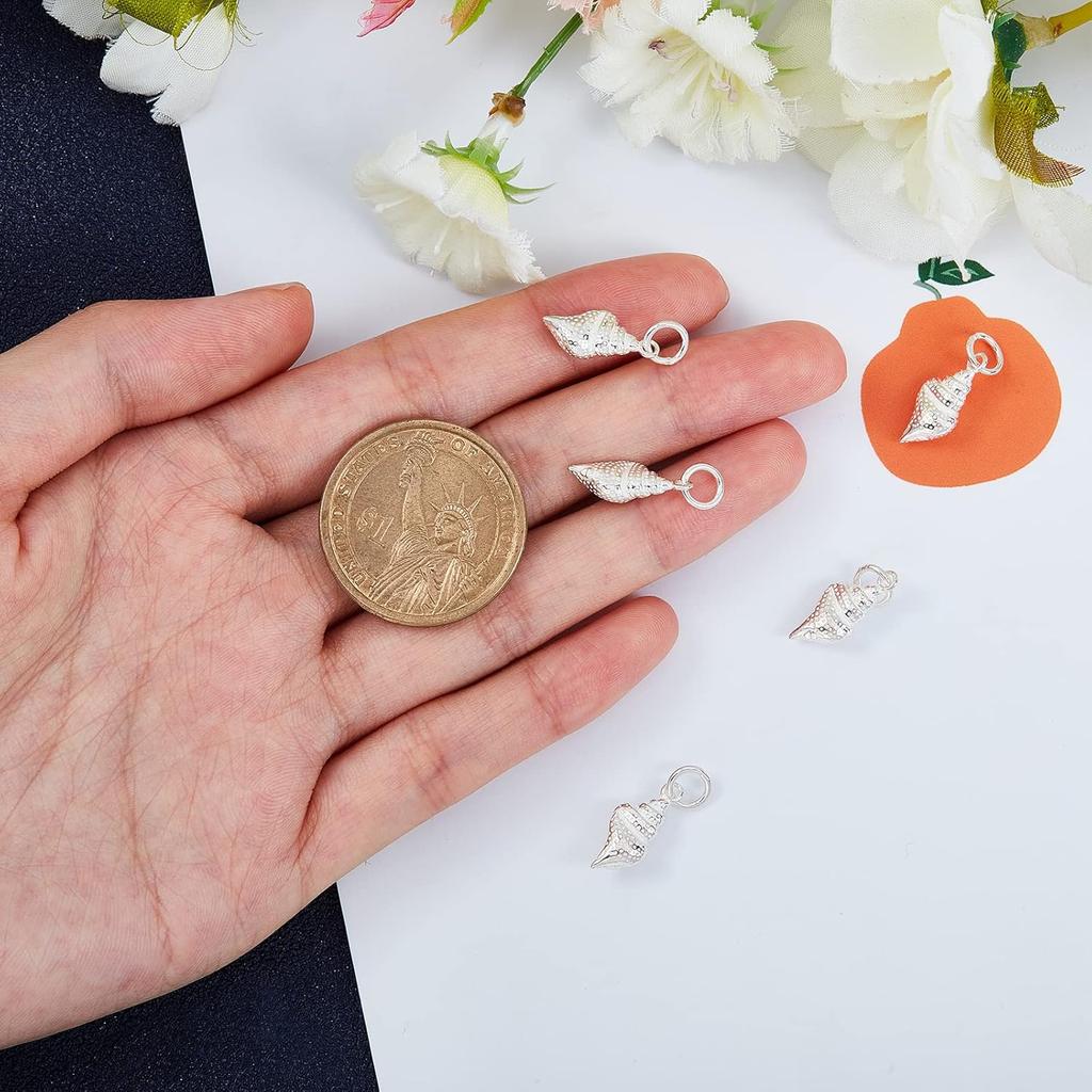 CHGCRAFT 5pcs 925 Sterling Silver Conch Shell Charms Silver Pendants with Jump Ring for DIY Jewelry Making