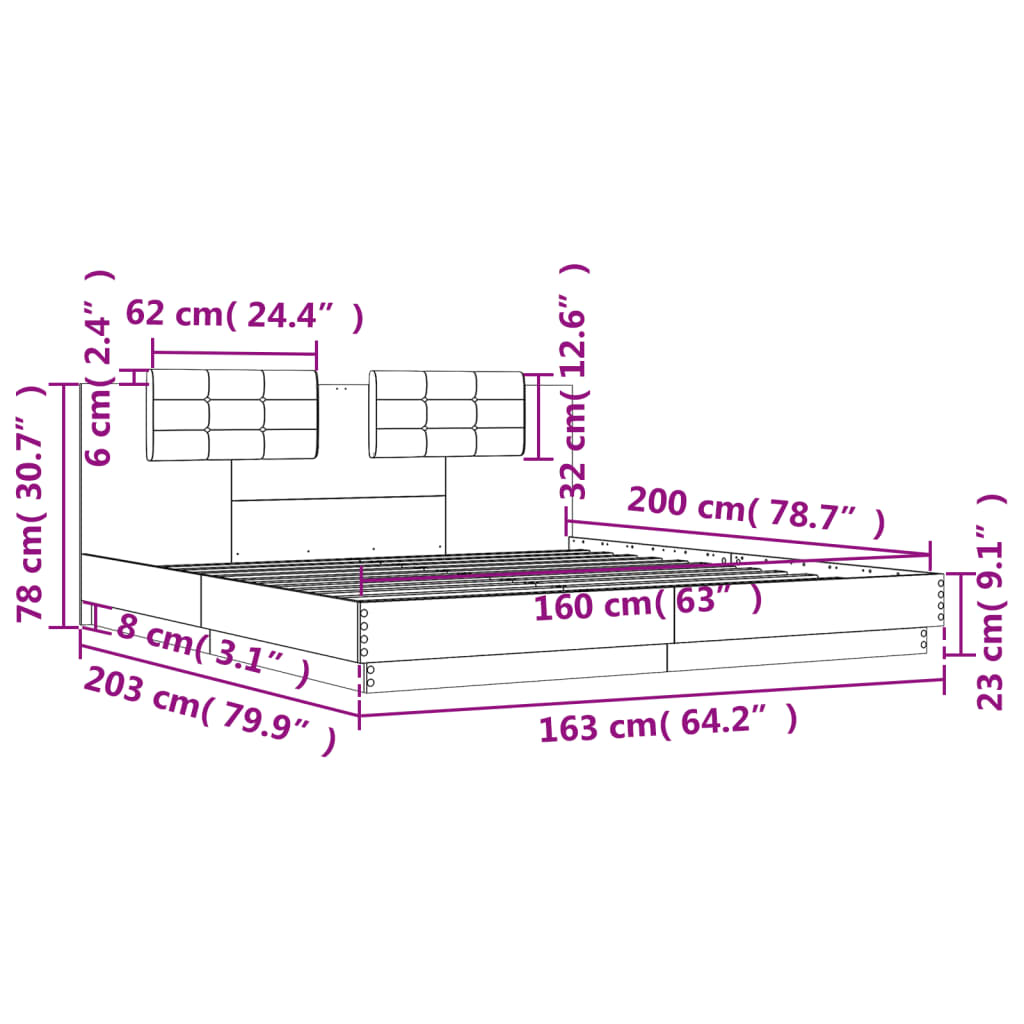 Bed Frame with Headboard and LED Lights Grey Sonoma 160x200 cm