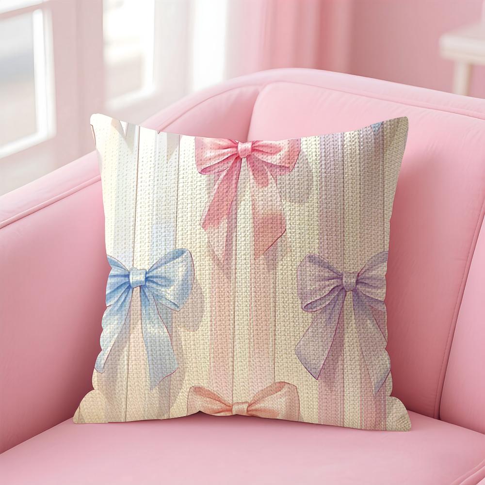 Pink Bow INS Cushion Cover Natural Linen Pillow Case DoubleSided Print Decorative Sofa Pillowcase Home Decor Gift