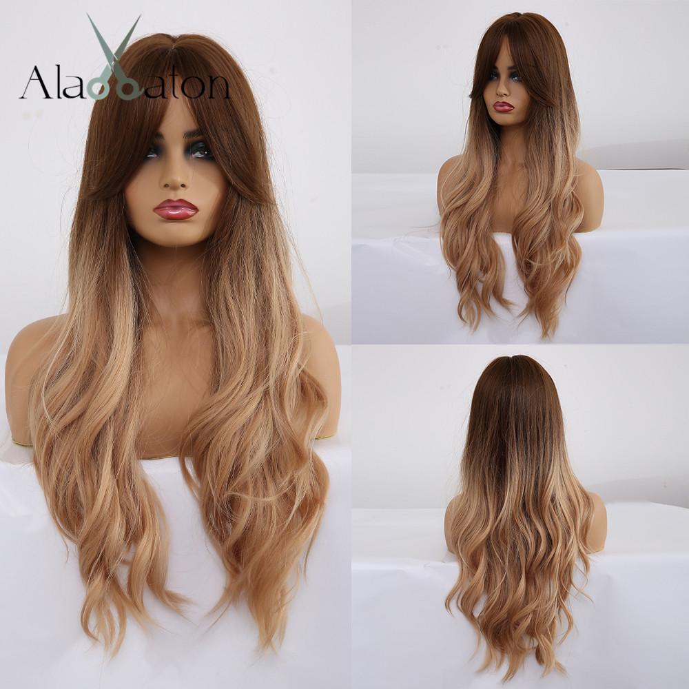 ALAN EATON Long Water Wave Wig Middle Part Red Brown Orange Copper Heat Resistant Synthetic Hair Wigs for Women African American