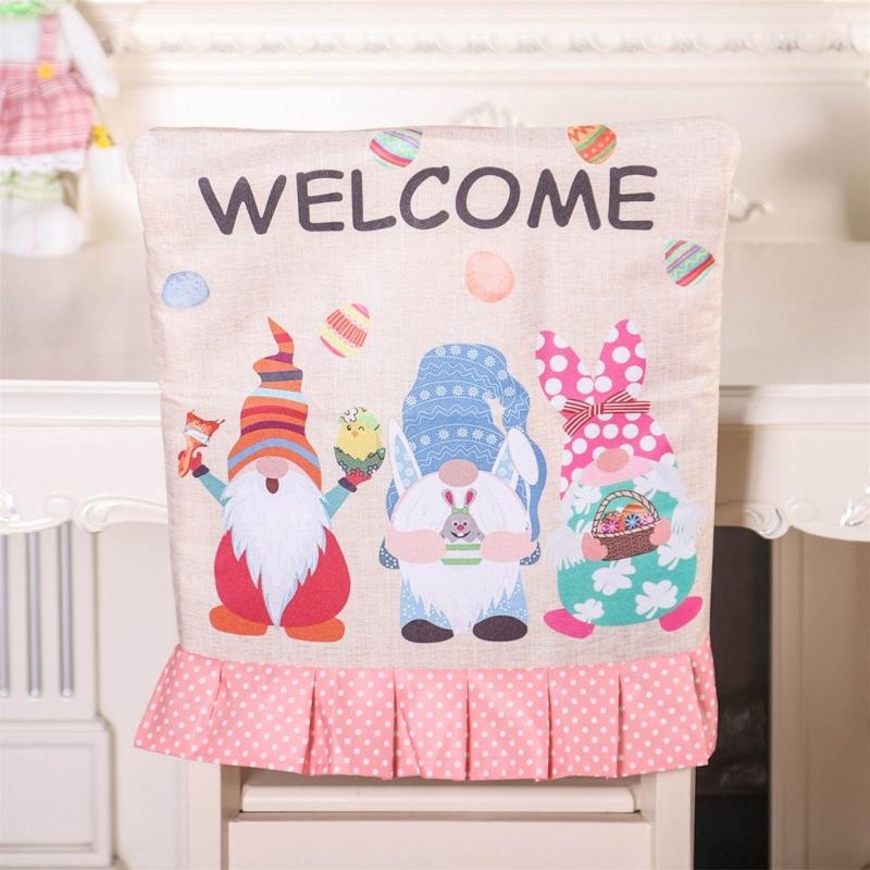 Rabbit Gnome Chair Back Cover Easter Holiday Party Ruffle Hem Chair Slipcover Washable Linen Furniture Protective Cover