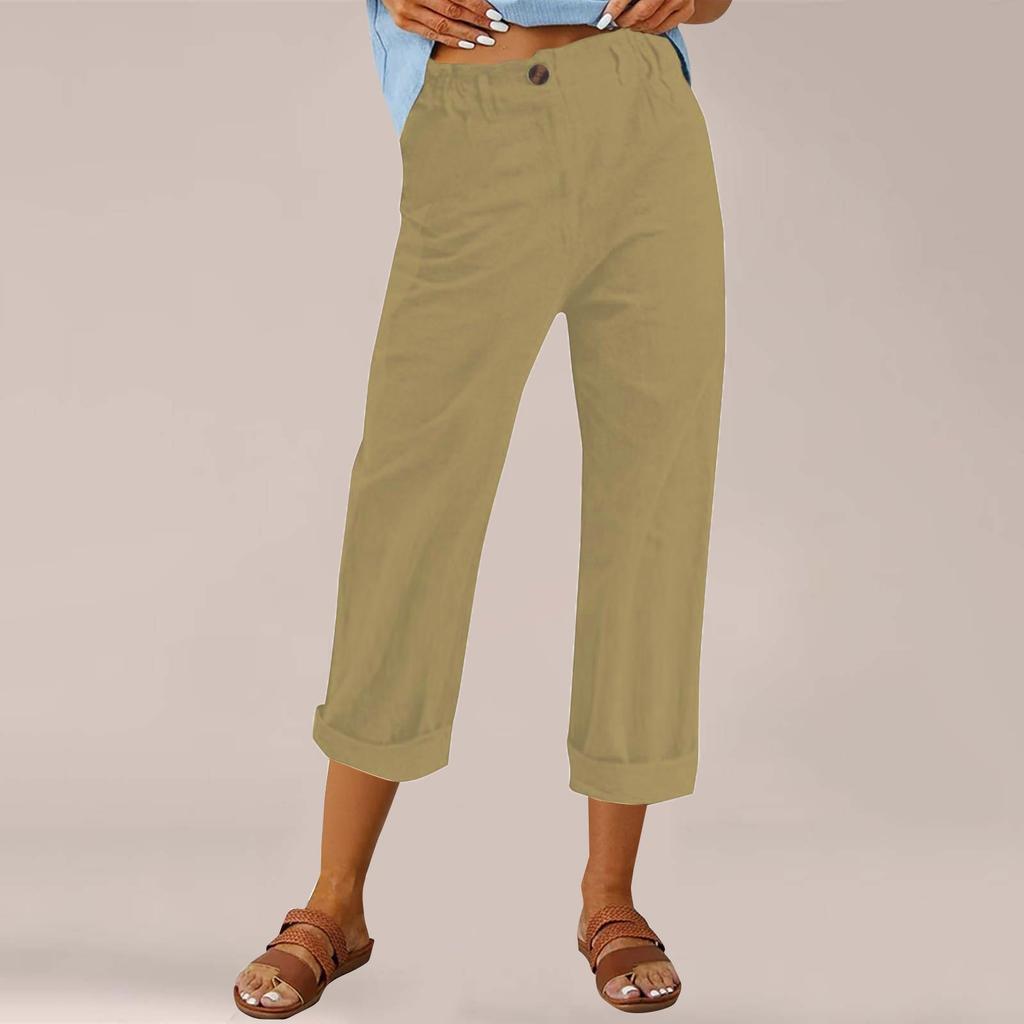 Women's Fashion Cotton-Linen Blend Loose-Fit High-Waisted Casual -Color Straight-Leg Pants
