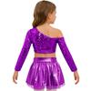 Kids Girls Jazz Dance Costume One Shoulder Long Sleeve Sequins Top with Elastic Waistband Metallic Tutu Skirt for Performance Competition