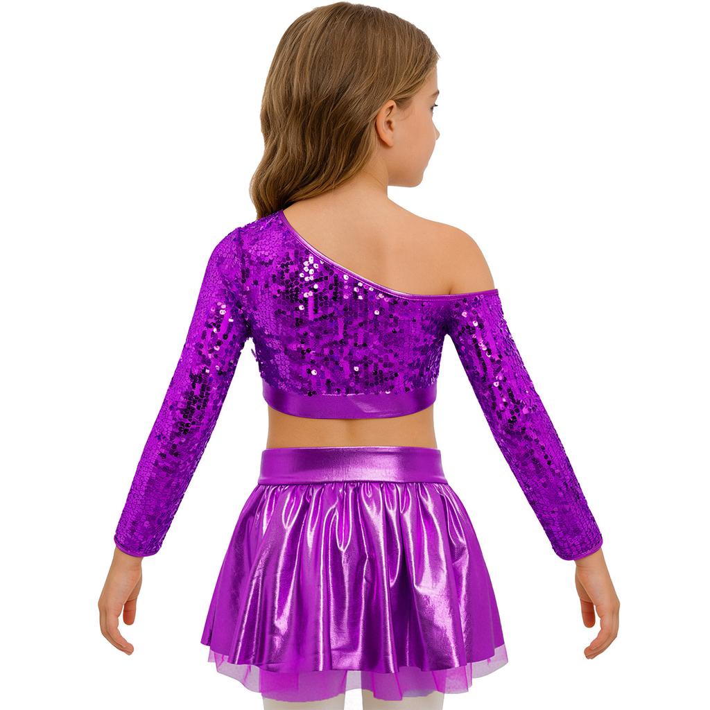 Kids Girls Jazz Dance Costume One Shoulder Long Sleeve Sequins Top with Elastic Waistband Metallic Tutu Skirt for Performance Competition