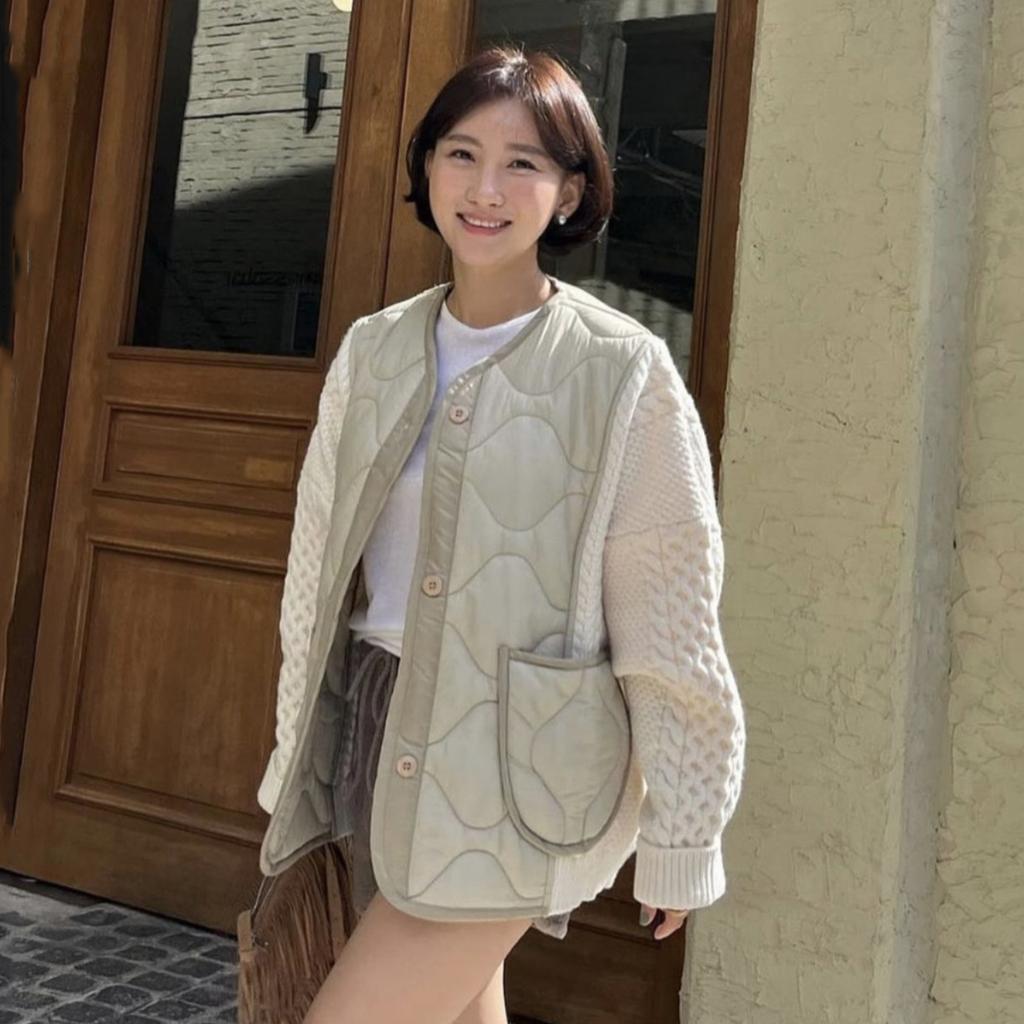 DIMANAF 2025 Winter Women Sweaters Patchwork Wadded Buttons Coat Knitting Jacket Fake Two-Piece Loose Sweater