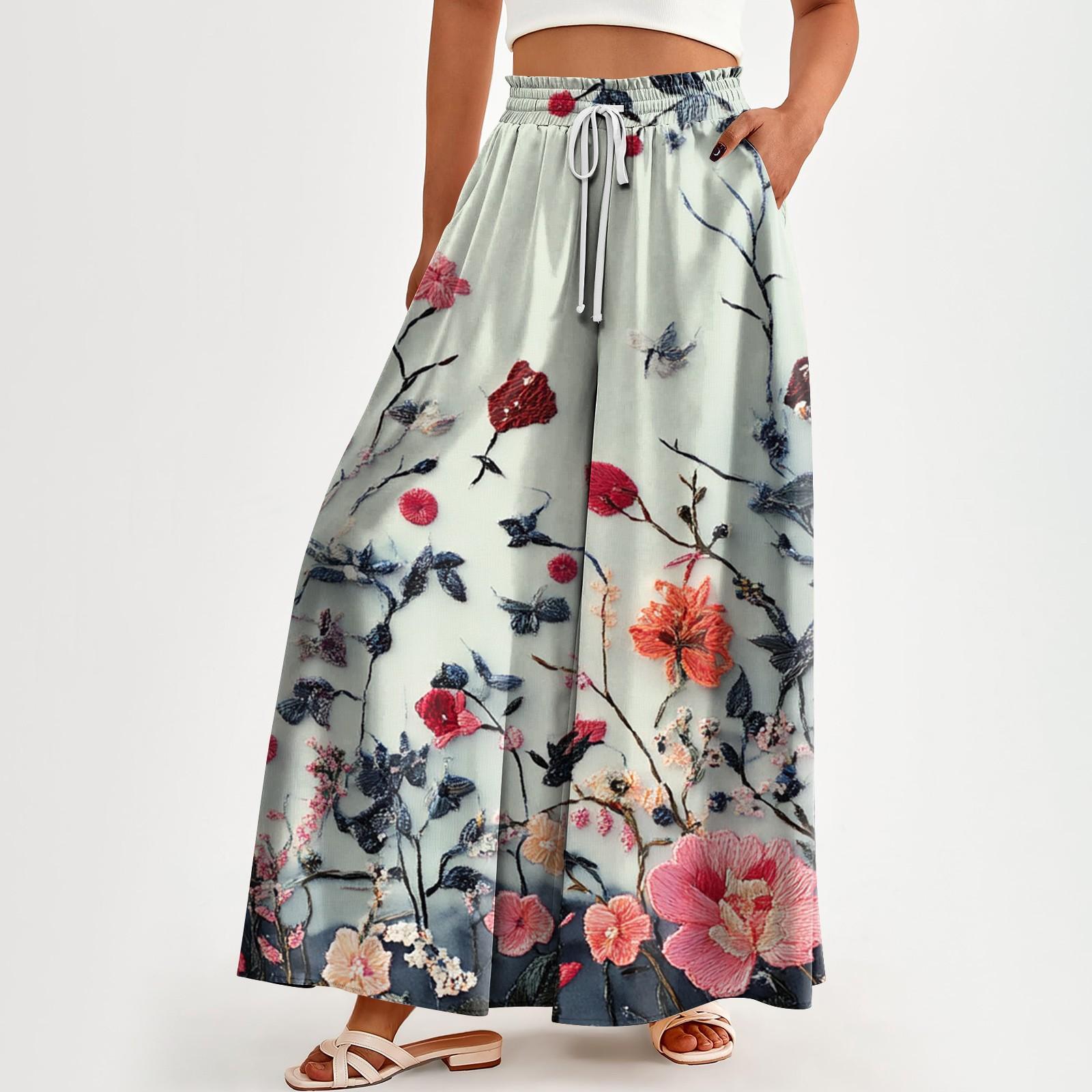 

Женские брюки с высокой талией и карманами, повседневные брюки с цветочным принтом XXXL светло-серый