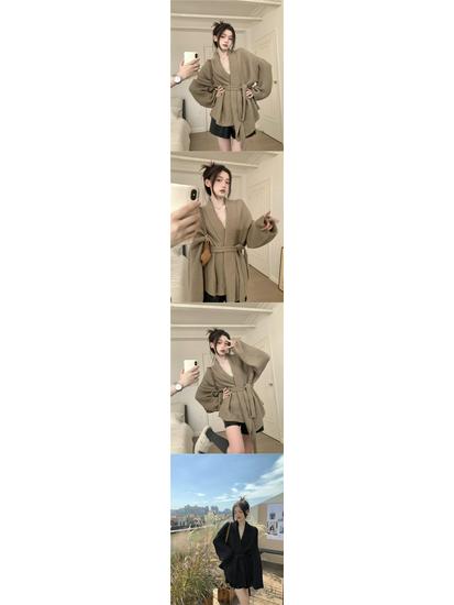 Women's Plus Size French Collar Cardigan Coat - Spring/Autumn Knitted Waist-Tie Top