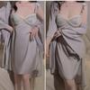 Satin V-neck Plus Chest Pad Sexy Halter Lace-up Temptation Suspender Nightdress Robe Home Set
