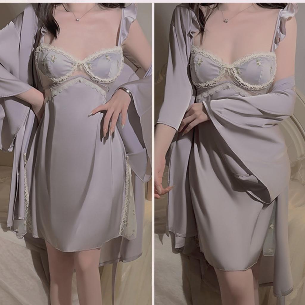 Satin V-neck Plus Chest Pad Sexy Halter Lace-up Temptation Suspender Nightdress Robe Home Set