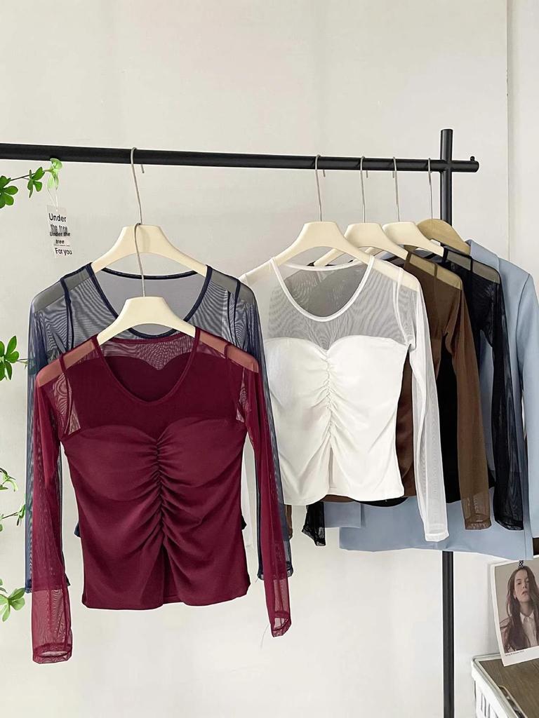 2026 Spring/Summer Women's Slim Mesh Layer Round Neck Long Sleeve Top