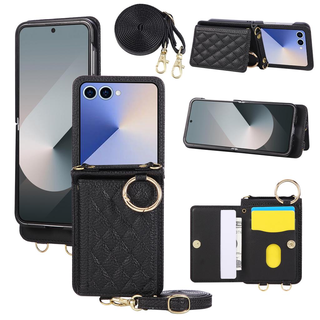 Crossbody Wallet Ring Phone Case for Samsung Galaxy Z Flip 7 6 5 5 4 3 Flip7 Flip6 Flip5 Card Slot Business Leather Cover Coque