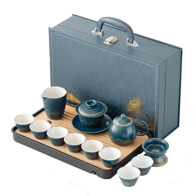 Kung Fu tea set light luxury set blue ancient rhyme full set of tea making guest home office teapot teacup