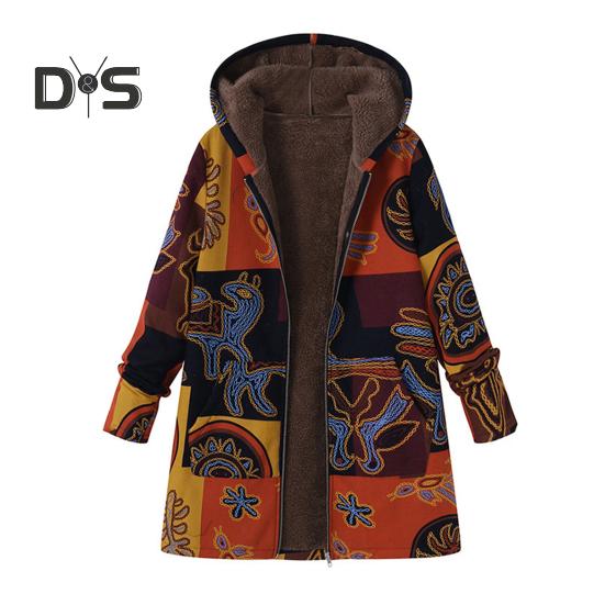 

Женское зимнее пальто с ретро-цветочным принтом, капюшоном, плотным плюшевым застежкой-молнией, сохраняющим тепло, длинными рукавами, карманами средней длины, для отдыха, повседневной носки, куртка 3XL жёлтый