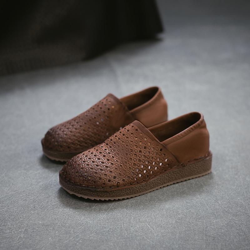 2026 Spring New Hollow Out Ventilated Slip On Soft Sole First Layer Cowhide Women Shoes