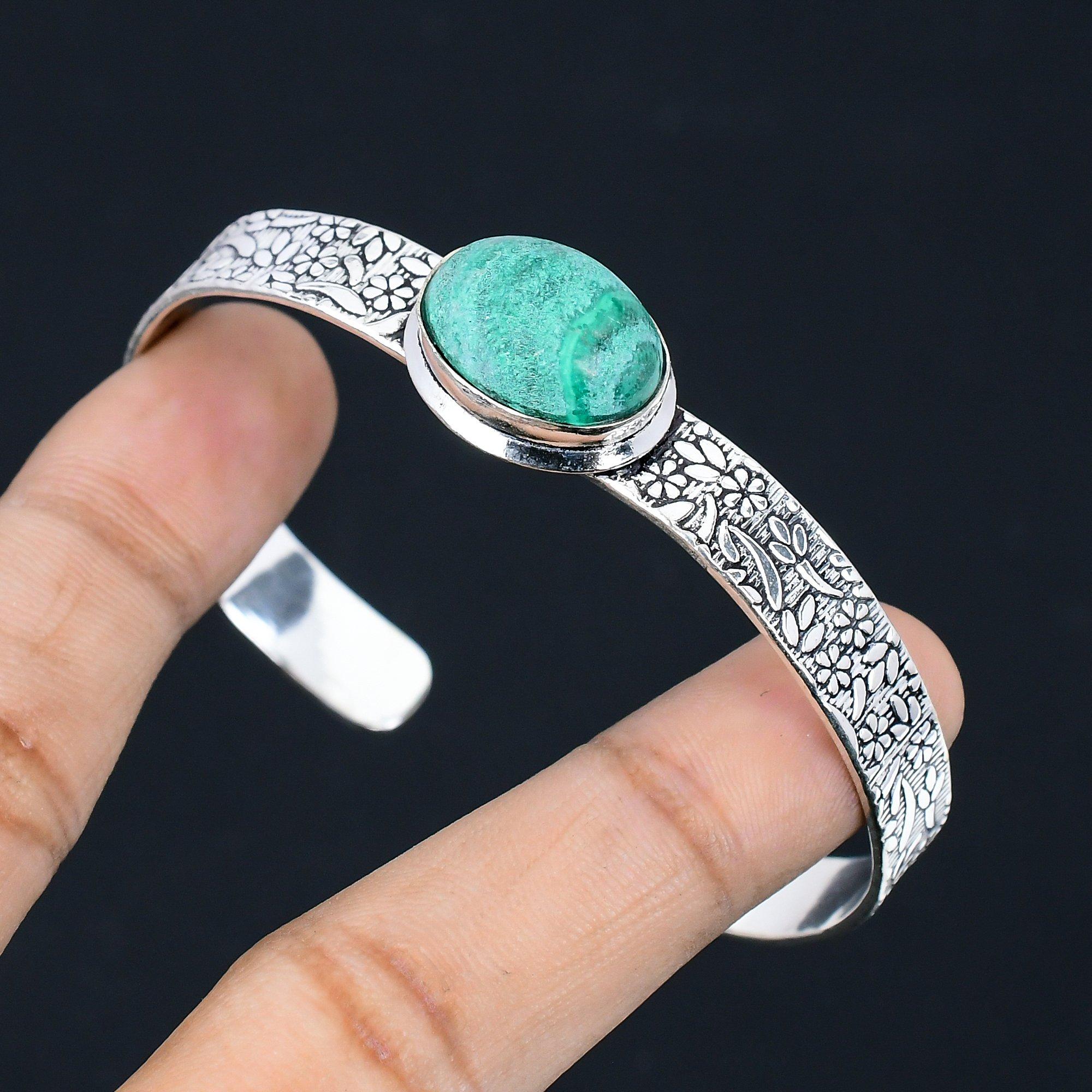 

925 Sterling Silver Oval Natural Malachite Anniversary Birthday Bangle Bracelet Adjustable