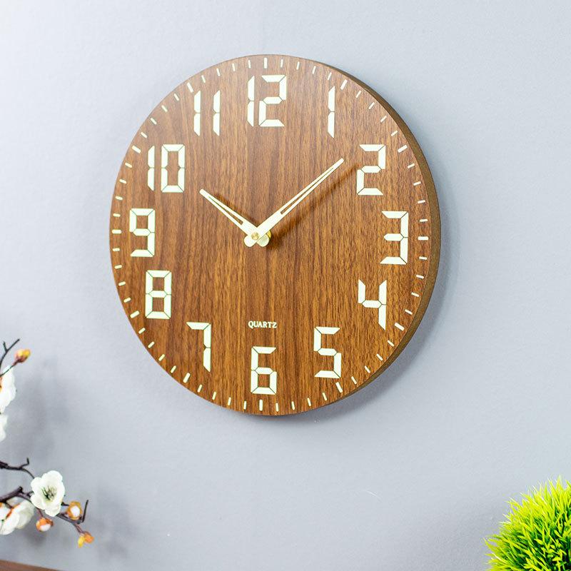 Luminous wooden wall clock, silent  wood grain, creative and light luxury style, living room simple quartz clock, 30cm
