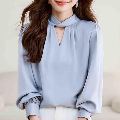 Spring 2025 Fashion New Office Lady Women Blouse Blouses Long Sleeve Blue Satin Blouse Shirt Women Tops Shirts J745