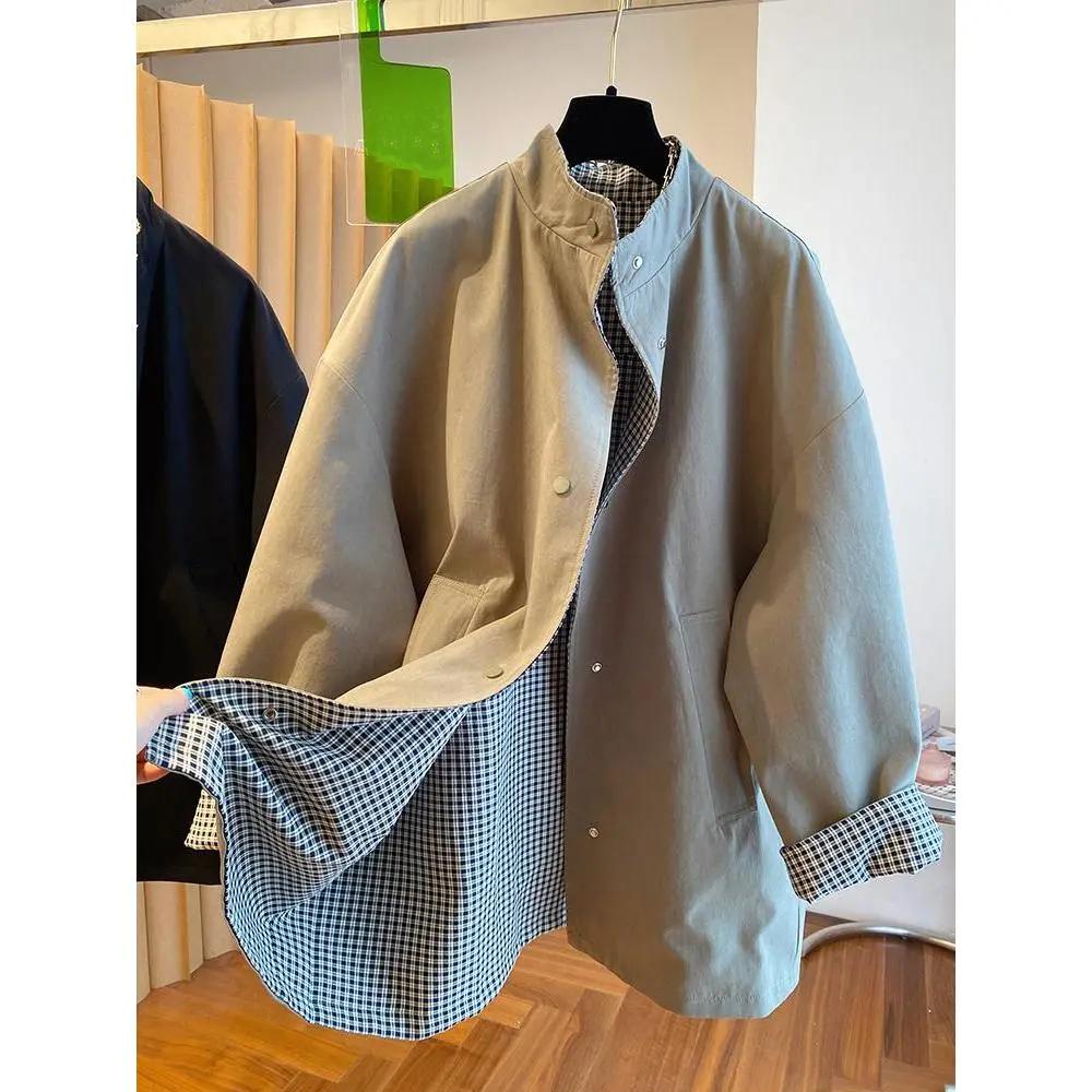 Women's Spring and Autumn Plus Size Plaid Temperament Jacket Casual Windbreaker.