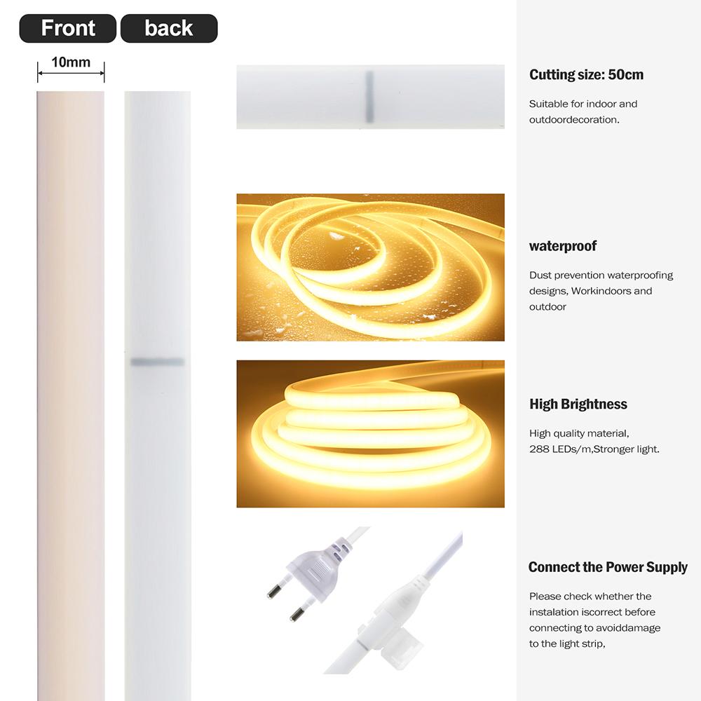 BMW 220V Dimmable COB LED Neon Strip Light Dimmer Switch Plug Kit Waterproof 288 LED Flex Tube Lamp Hight Bright Warm/Natural White