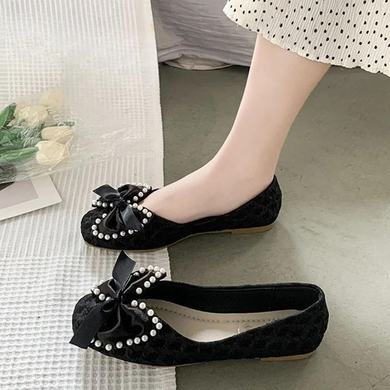 Fashion Ladies Footwear Low Heel Elegant with Bow Pearl Women's Flat Shoes Lastest Genuine Mark Chic Point High Quality Fashion Non Slip